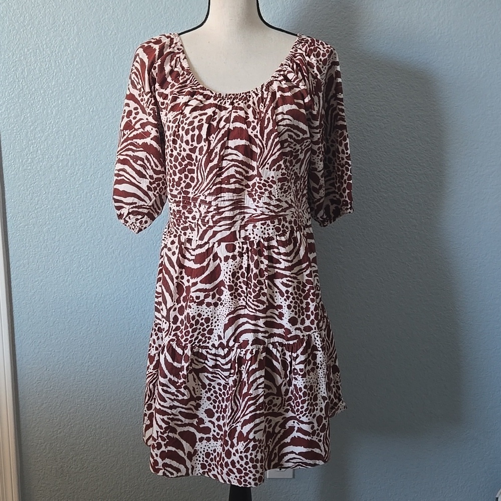 MNG by Mango Brown Animal Print Puff Sleeve Tiered Mini Dress – Size 8